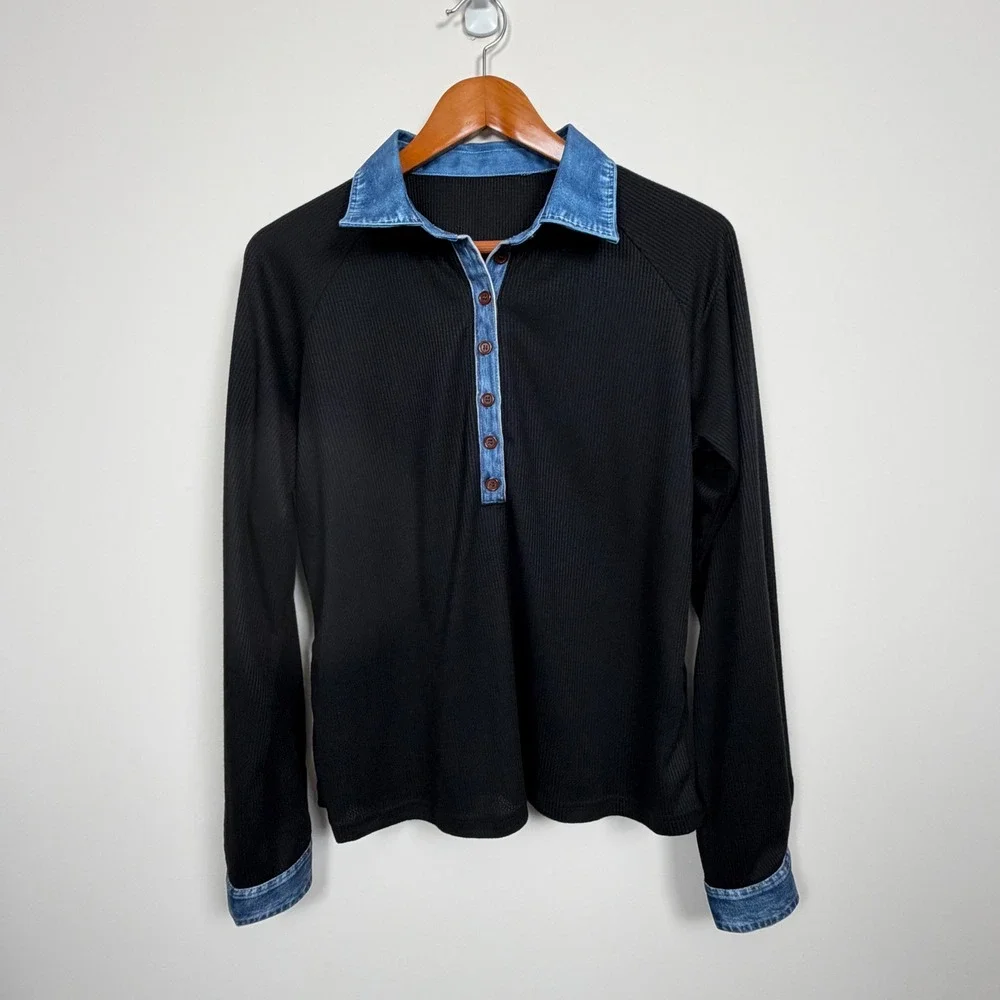 Unbranded Henley Top Women L Black Ribbed Denim Collar Long Sleeve Mixed Media